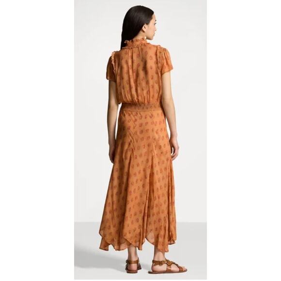Polo Ralph Lauren Block Print Georgette Tie Neck Dress in Medallion Woodblock - Picture 13 of 14